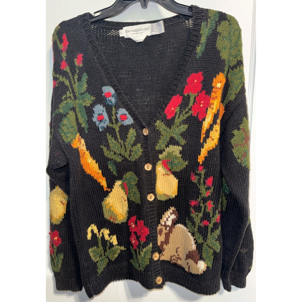 Vtg Eagle's Eye 90s Hand Knit Flower Vegetable Rabbit Sweater Grandma Chunky L
